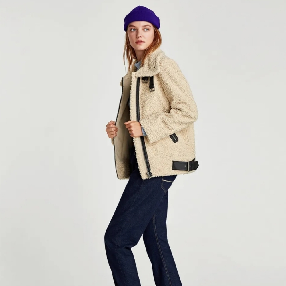 Zara Contrasting Faux Fur Shearling Jacket - Picture 1 of 13